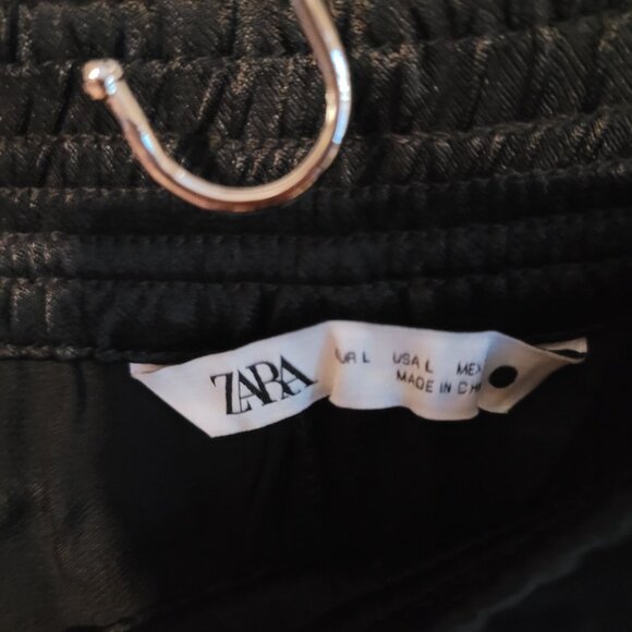 ZARA Black Satin Tulip Hem Elastic Waist Trousers SZ L - Picture 3 of 4